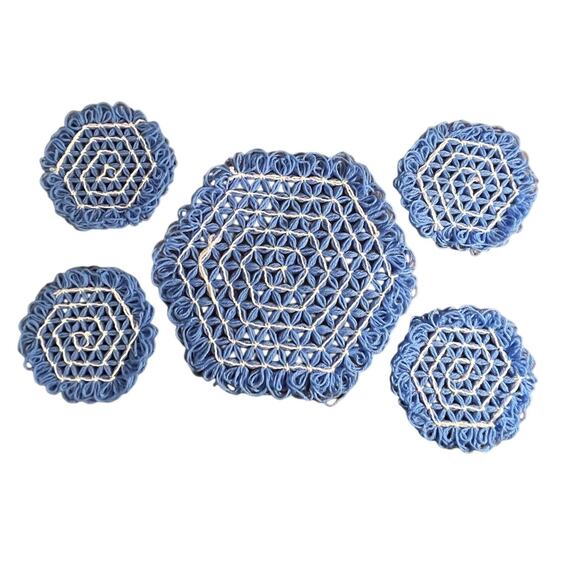 Handmade Crochet Coaster Set – 4 Small + 1 Large – Blue Cotton Mug Rugs - Picture 6 of 6